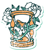 iconico afflitto etichetta tatuaggio stile Immagine di un ora bicchiere e fiori png