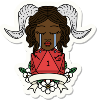 sticker of a crying tiefling with natural one D20 dice roll png