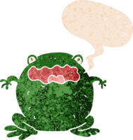 dessin animé crapaud avec discours bulle dans grunge affligé rétro texturé style png