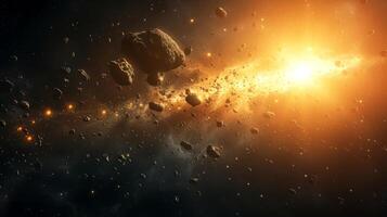 AI generated Concept of space mission, ongoing and planned missions explore celestial bodies and study the universe, exciting cosmic scene featuring cluster of asteroids illuminated by radiant glow photo