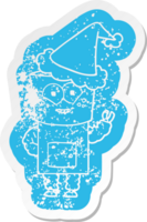 happy quirky cartoon distressed sticker of a robot waving hello wearing santa hat png