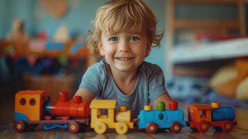 ai generado un pequeño chico obras de teatro con un de madera de colores tren mientras sentado en un de madera piso en su habitación foto