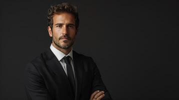 AI generated Handsome Spanish businessman in a black suit on a black minimalistic background looking at the camera photo