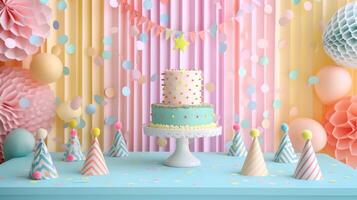 ai generado vibrante cumpleaños celebracion fondo presentando un cumpleaños pastel y fiesta sombreros foto