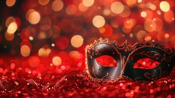 AI generated Venetian Masks on Red Glitter with Shiny Streamers Against Abstract Defocused Bokeh Lights. photo