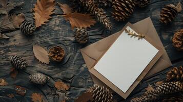 AI generated A white paper card placed on a rustic wooden table, accompanied by a brown envelope and pine cones photo