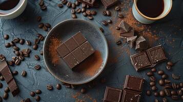 AI generated coffee and chocolate , light photo, dish, top-down view, extremely detailed photo