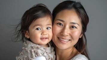 ai generado un alegre asiático niñito hija abraza su contento madre en un gris ajuste foto
