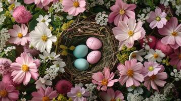 ai generado un alegre Pascua de Resurrección tema celebrar Pascua de Resurrección con un encantador monitor de Pascua de Resurrección huevos anidado en un nido rodeado foto