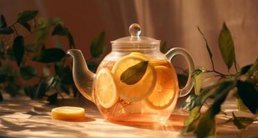 AI generated a glass teapot filled with lemon slices and leaves photo