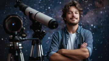 ai generado confidente joven astrónomo con telescopio en contra un estrellado antecedentes foto