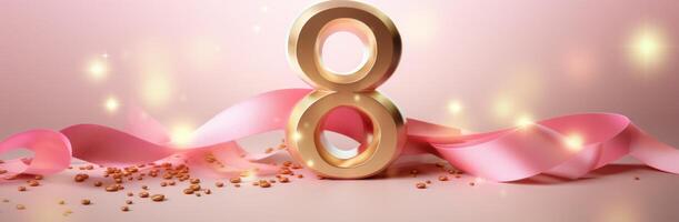 AI generated a number 8 with confetti and pink ribbons on a pink background photo