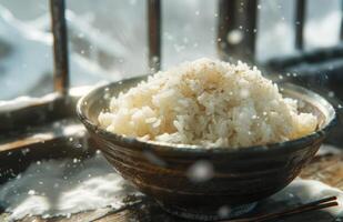 ai generado un cuenco de arroz coronado con canela foto