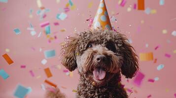 AI generated A joyful and adorable labradoodle dog, donning a party hat, is celebrating at a birthday party photo