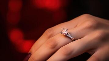 ai generado un mujer sostiene un blanco diamante anillo foto