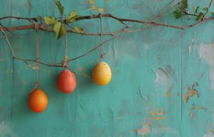 ai generado Pascua de Resurrección tarjetas con colgando huevos en un azul pared foto