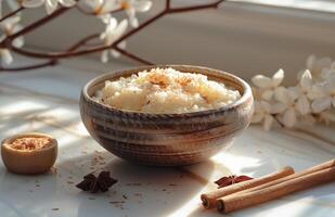 AI generated how to make vanilla rice pudding in the morning photo