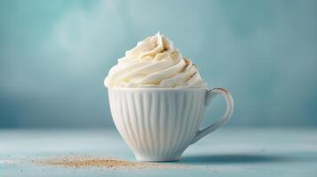 AI generated Cup of cappuccino with whipped cream on a soft blue minimalistic background photo