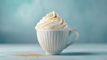 ai generado taza de capuchino con azotado crema en un suave azul minimalista antecedentes foto