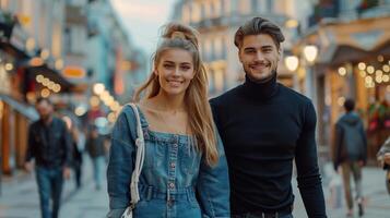 AI generated A young beautiful couple walks along a city street holding hands photo