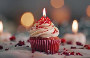 AI generated close up of a cupcake with a candle in the middle photo