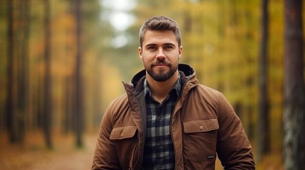 AI generated A man wearing a plaid shirt and dark brown jacket stands in the forest, facing the camera, with ample space for text. photo