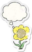 cartoon flower with thought bubble as a distressed worn sticker png