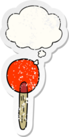 cartoon candy lollipop with thought bubble as a distressed worn sticker png