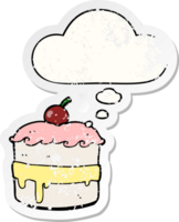 cartoon cake with thought bubble as a distressed worn sticker png