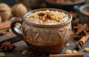 ai generado harina de avena en un taza con canela palos y Pasas foto