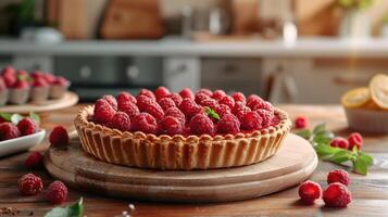 AI generated Pie with raspberries on a wooden rustic table photo