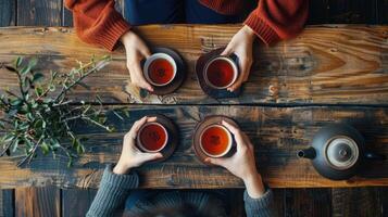 ai generado un té conjunto en un de madera mesa desde arriba, creando un sereno antecedentes para un té ceremonia. foto