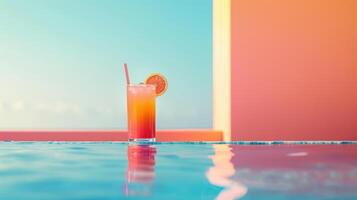 AI generated A bright summer cocktail in a tall glass with a straw stands on the edge of the pool on the left photo