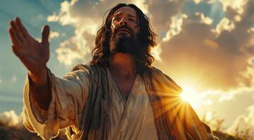 AI generated jesus is standing with his hand fully outstretched with the sun reflected behind the sky photo