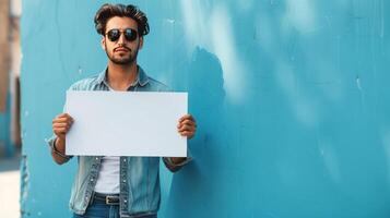 ai generado un joven hermoso hombre en un mezclilla camisa y pantalones soportes en el izquierda en un azul y minimalista antecedentes foto