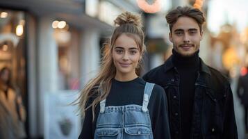 AI generated A young beautiful couple walks along a city street holding hands photo