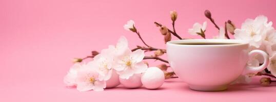 AI generated a cup with an easter egg sits on a pink background with flower flowers photo