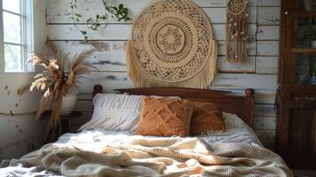 AI generated A wicker dreamcatcher hangs over a wooden bed with a white crocheted bedspread in boho style photo