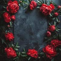 AI generated Peonies in a stunning dark-colored frame. Black floral backdrop photo