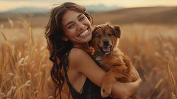 AI generated Joyful young woman embracing a fluffy puppy in a field at golden hour. photo