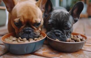 ai generado dos francés bulldogs comer perro comida perro comida foto