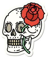 pegatina de tatuaje al estilo tradicional de una calavera y una rosa png