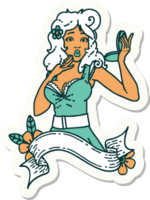 adesivo de tatuagem em estilo tradicional de uma garota pinup surpresa com banner png