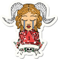 Retro Tattoo Style crying tiefling with natural one D20 dice roll png