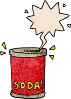 cartoon soda can with speech bubble in retro texture style png