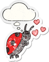 cute cartoon ladybug in love with thought bubble as a distressed worn sticker png