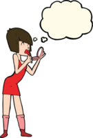 cartoon woman applying lipstick with thought bubble png