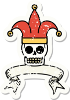 worn old sticker with banner of a skull jester png
