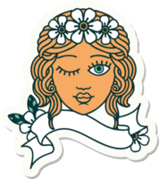 tattoo style sticker with banner of a maidens face winking png