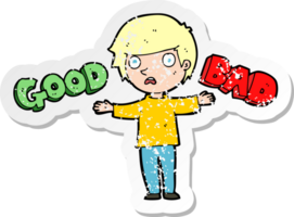 retro distressed sticker of a cartoon person making a choice png